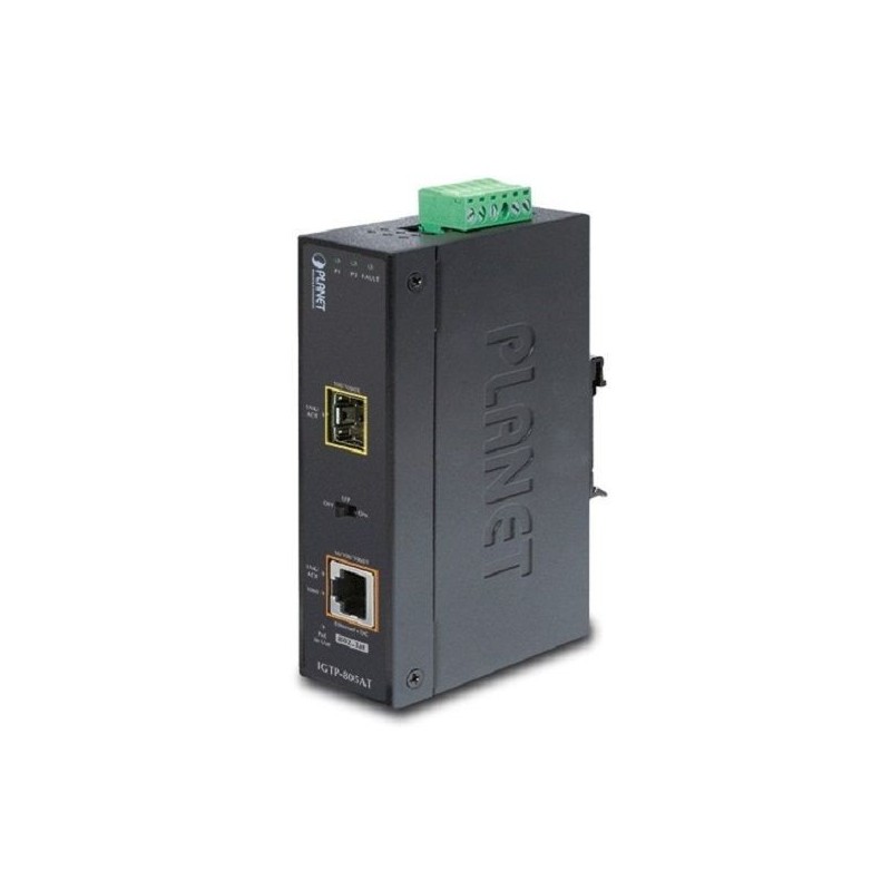 Mediakonverterare 100/1000Mbit fiber till RJ45 10/100/1000Mbit. För SFP-modul. PoE+ ut (30Watt)