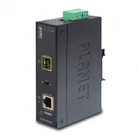 Mediakonverterare 100/1000Mbit fiber till RJ45 10/100/1000Mbit. För SFP-modul. PoE+ ut (30Watt)