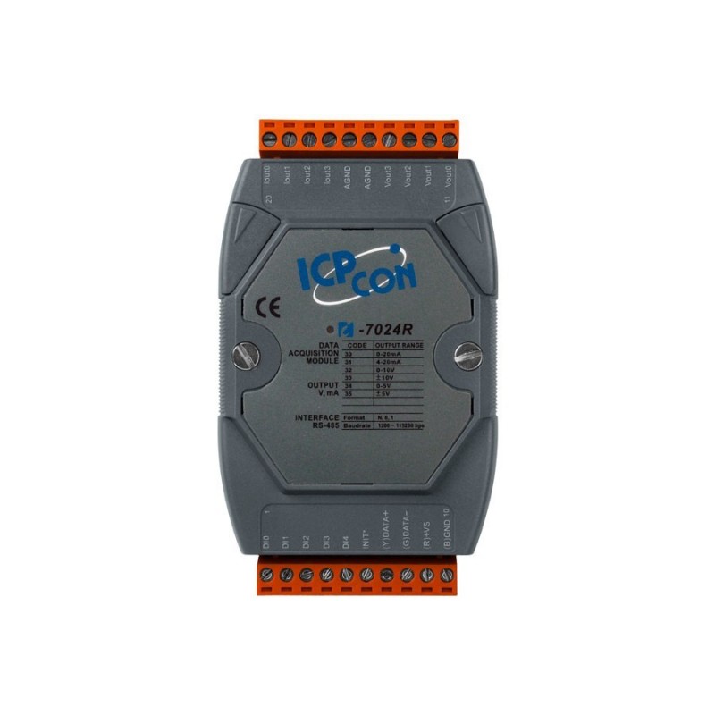 ICP DAS I-7024R-G är en 4 x analog utgångsmodul, 0 - +/- 10V och 0 - 20mA, 14bit. 5 x Digital ingång med dry kontakt