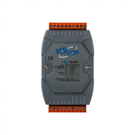 ICP DAS I-7024R-G är en 4 x analog utgångsmodul, 0 - +/- 10V och 0 - 20mA, 14bit. 5 x Digital ingång med dry kontakt