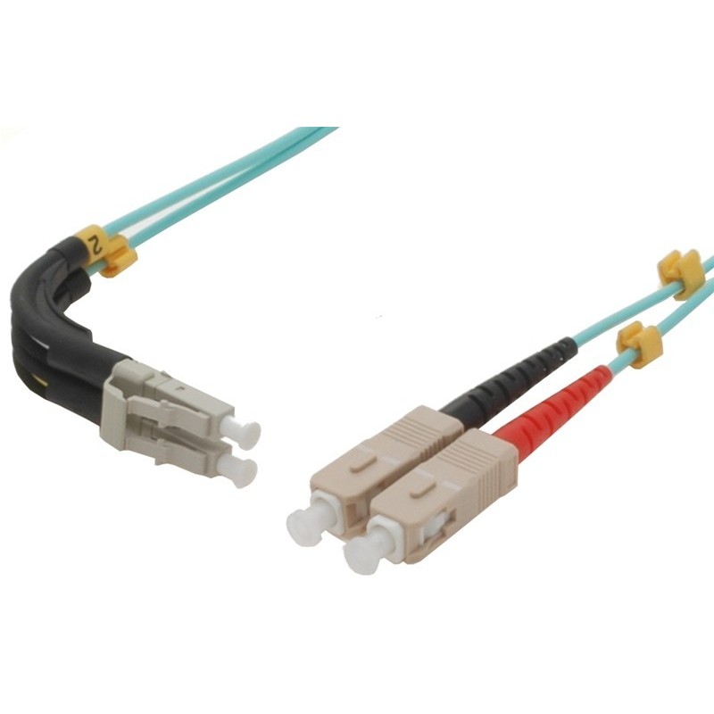 Vinklad, fiberkabel, Multi-läge, LC-SC, 1m, 50 / 125my, OM3, Aqua, LSZH, Duplex