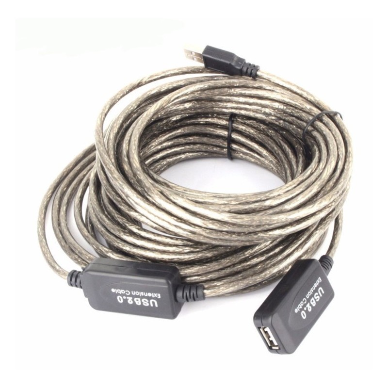 15 m aktiv förlängningskabel för USB2.0 med inbyggd förstärkare. Levereras via USB-port