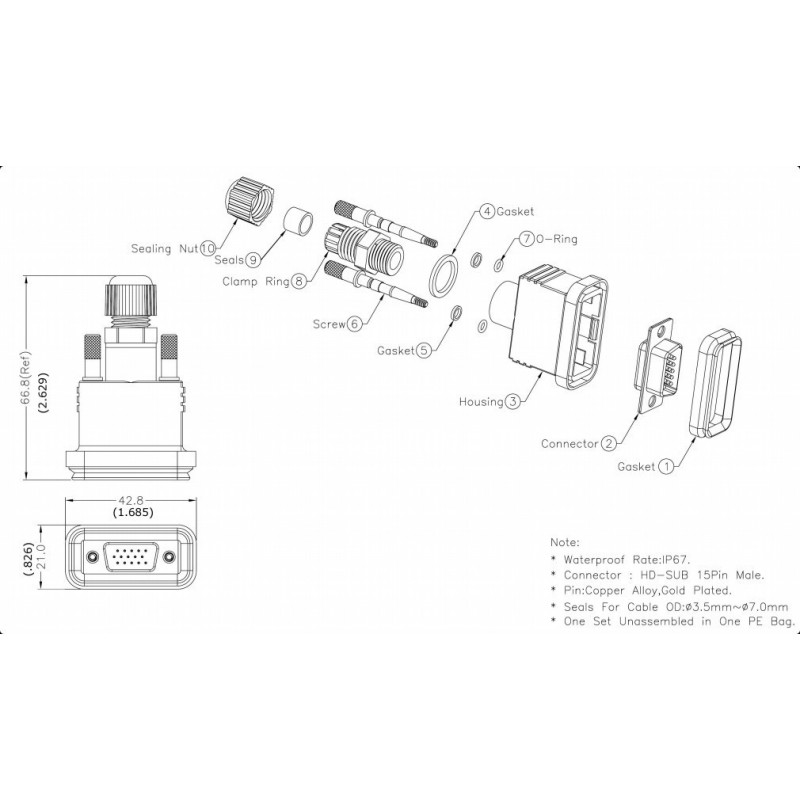 IP67 vattentät VGA, DB15HD, HD-Sub haneeeekontakt
