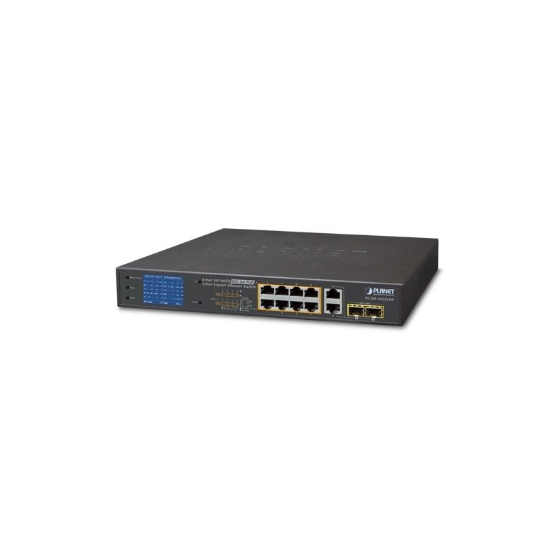 8 non haneeeeaged switch 10/100Mbit RJ45 PoE + 2 x Gbit SFP fiberportar, en LCD-skärm