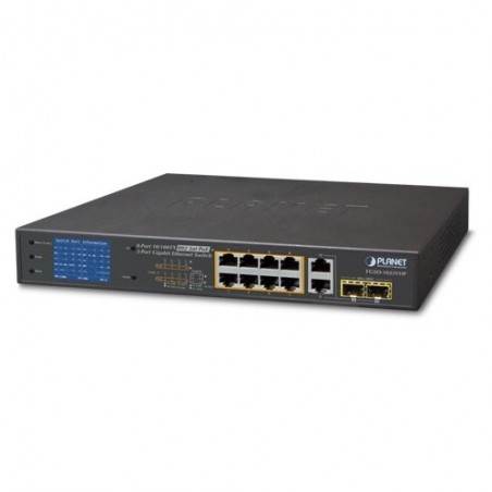 8 non haneeeeaged switch 10/100Mbit RJ45 PoE + 2 x Gbit SFP fiberportar, en LCD-skärm