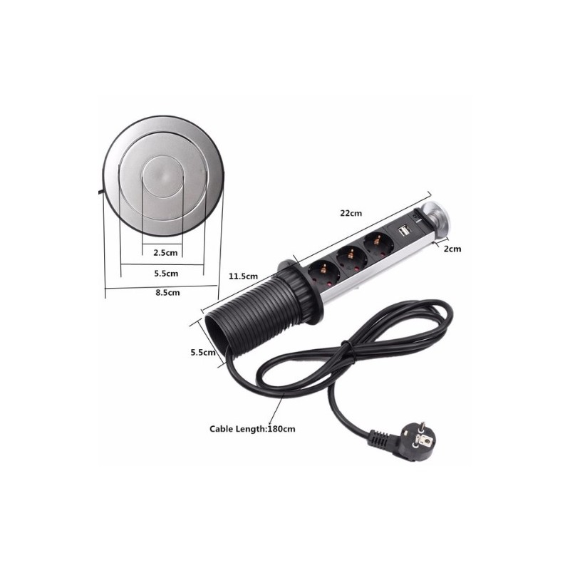 Strömuttag, 3 x AC-uttag och 2 x USB-uttag, 1,8 m kabel, 250 V, 16 A