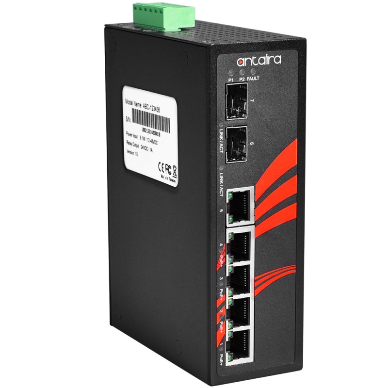7 portar industriell PoE + ojaneaged switch med 4 x RJ45 + 3 x SFp portar