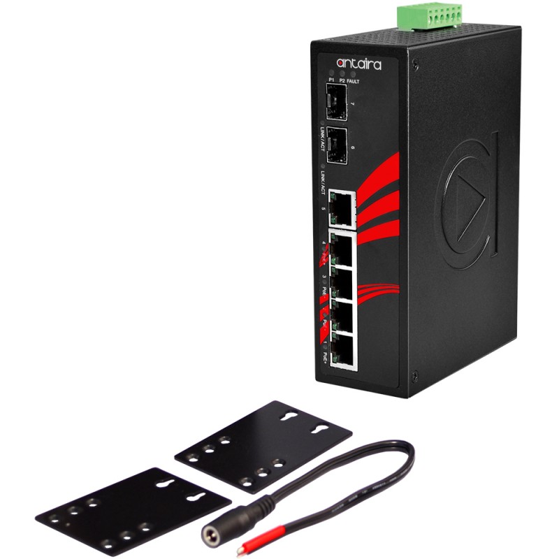 7 portar industriell PoE + ojaneaged switch med 4 x RJ45 + 3 x SFp portar