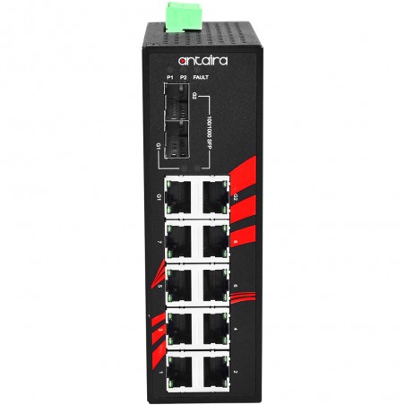 10-port industriell obejanenad switch, 2 FTP-portar, EOT: -40 ° till 75 ° C