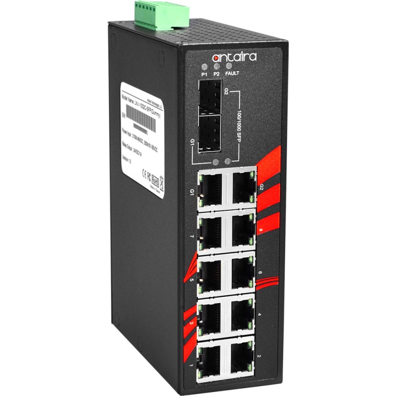 10-port industriell obejanenad switch, 2 FTP-portar, EOT: -40 ° till 75 ° C