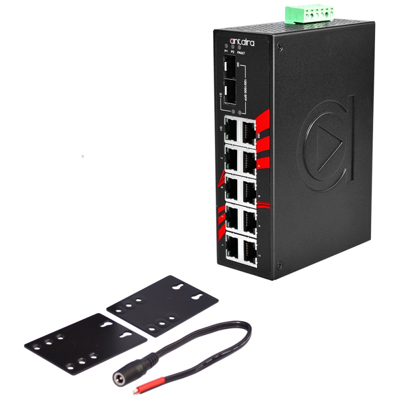 10-port industriell obejanenad switch, 2 FTP-portar, EOT: -40 ° till 75 ° C
