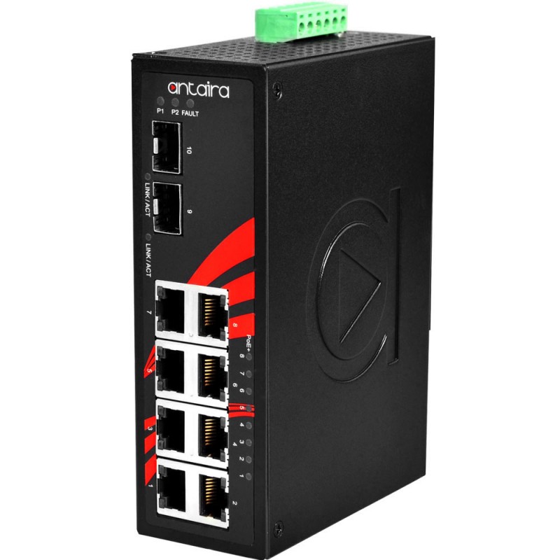 10-Port Industrial PoE + ostyrd switch med IEEE 802.3at (30 watt per port @ 53VDC)