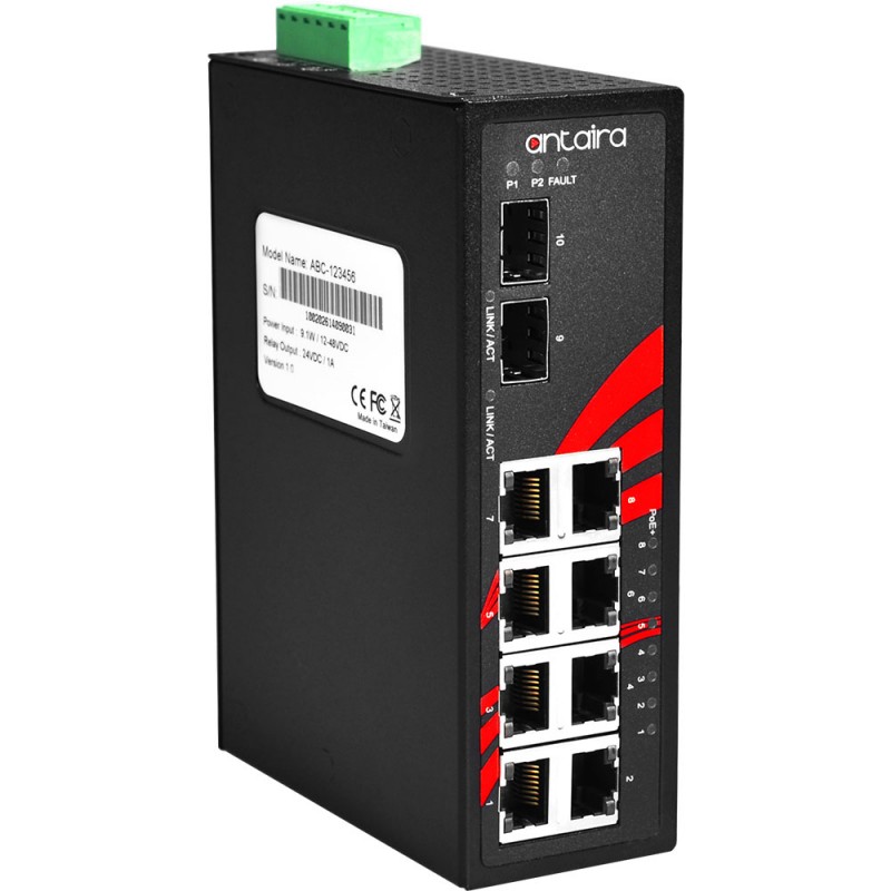 10-Port Industrial PoE + ostyrd switch med IEEE 802.3at (30 watt per port @ 53VDC)