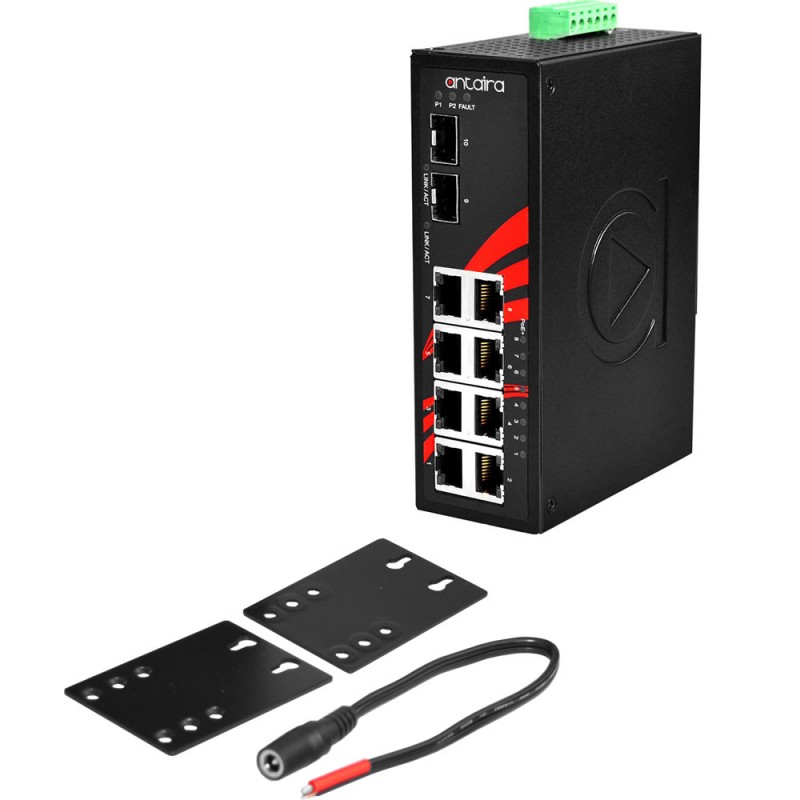 10-Port Industrial PoE + ostyrd switch med IEEE 802.3at (30 watt per port @ 53VDC)
