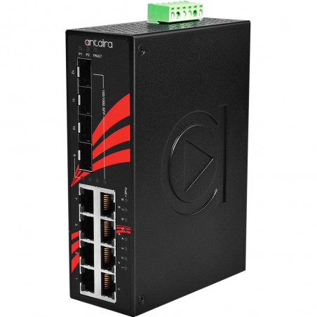 12-port industriell Gigabit PoE + -omkopplare, 8 x RJ45, 4 x SFP, -40 ° till 75 ° C
