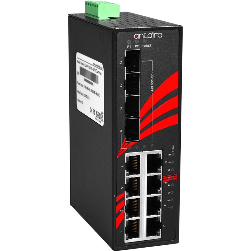 12-port industriell Gigabit PoE + -omkopplare, 8 x RJ45, 4 x SFP, -40 ° till 75 ° C