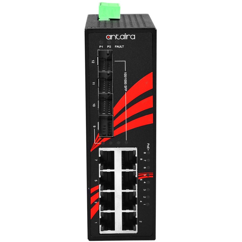 12-port industriell Gigabit PoE + -omkopplare, 8 x RJ45, 4 x SFP, -40 ° till 75 ° C