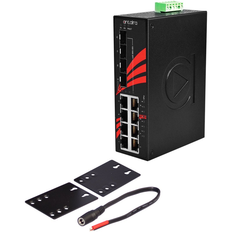 12-port industriell Gigabit PoE + -omkopplare, 8 x RJ45, 4 x SFP, -40 ° till 75 ° C