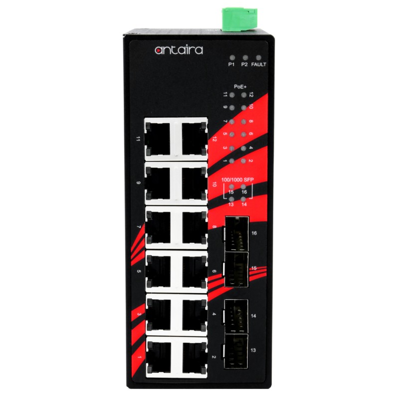 16 Port Industrial Gigabit PoE + Ej styrd strömbrytare, 12 RJ45, 4 FTP