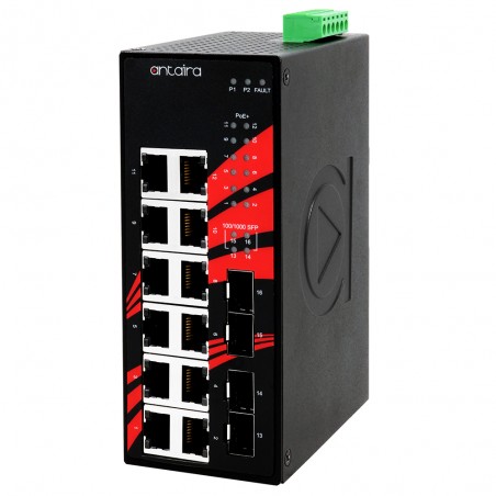 16-port industriell Gigabit PoE + ostyrd switch, 12 x RJ45, 4 x FTP, -40 ° till + 75 ° C