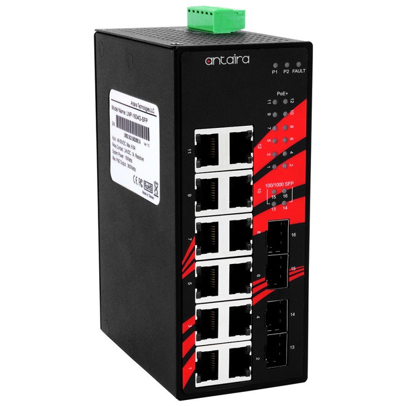 16-port industriell Gigabit PoE + ostyrd switch, 12 x RJ45, 4 x FTP, -40 ° till + 75 ° C
