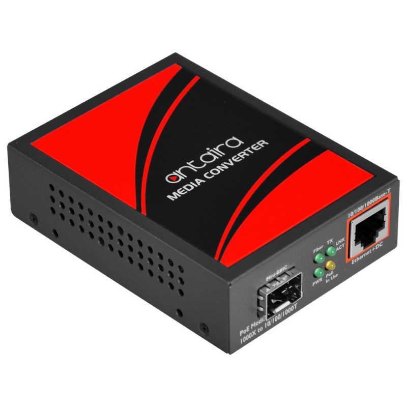 Mediakonverterare RJ45 till Fiber. RJ45 Gigabit. Fiberplats för 1000Mbit SFP. PoE+