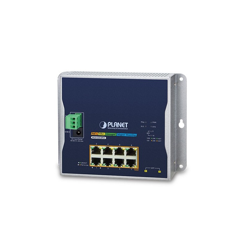 8 portar Managed switch 8 x 10/100/1000Mbit RJ45. Fiber 2 x 100/1000Mbit SFP. PoE+