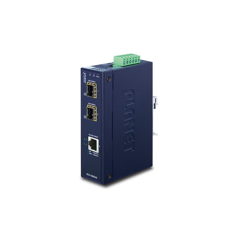 Mediaomvandlare med 2 fiberportar och RJ45-port. Kan t.ex. "ansluta" singelläge med multimode fiber