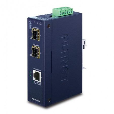 Mediaomvandlare med 2 fiberportar och RJ45-port. Kan t.ex. "ansluta" singelläge med multimode fiber