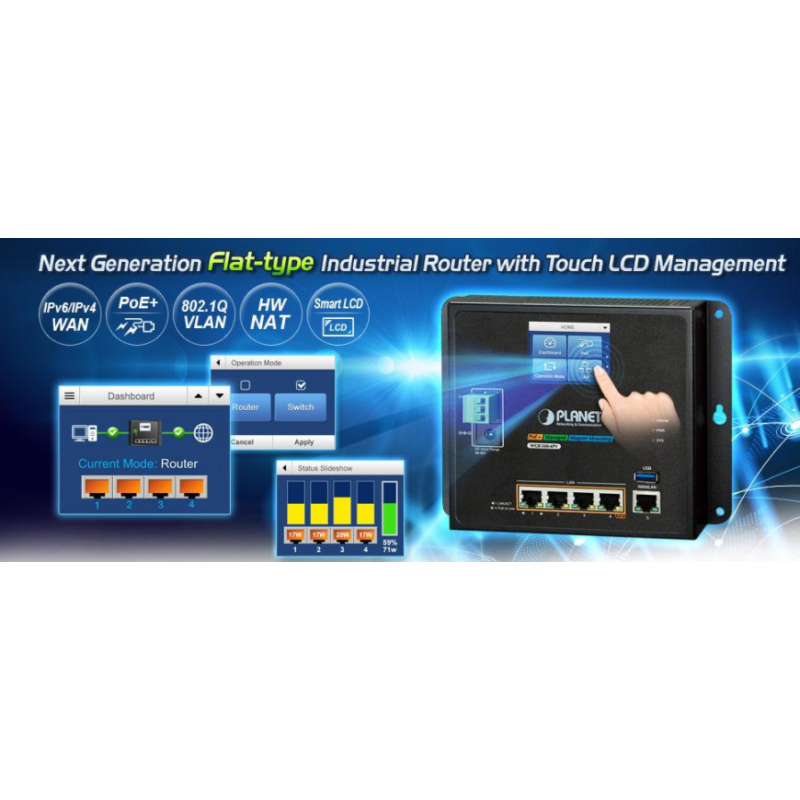 4 Port Industrial Router med PoE +, LCD haneeeeagement, 10/100 / 1000Mbit