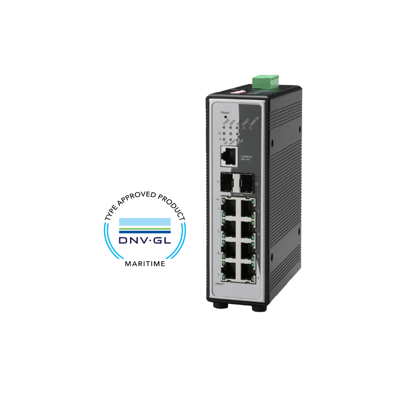 8-port Det Norske Veritas marin godkänd växel 8 x 10/100Mbit. Fiber 2 x 100/1000Mbit SFP