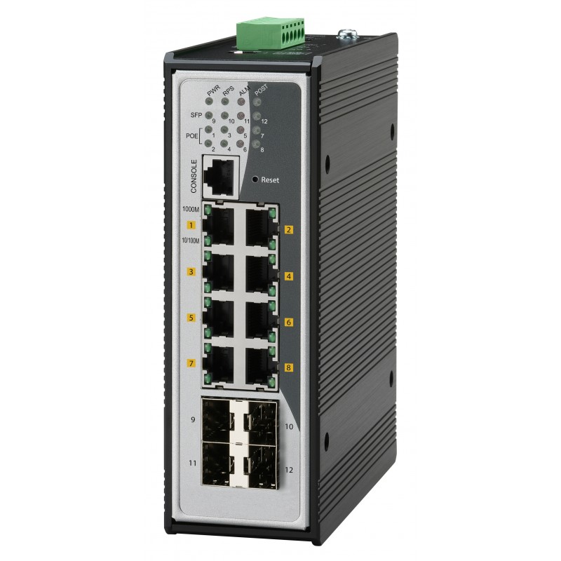 8-port Det Norske Veritas marin godkända haneeeeaged växel 8 x 10/100/1000Mbit. Fiber 4 x SFP 1000Mbit