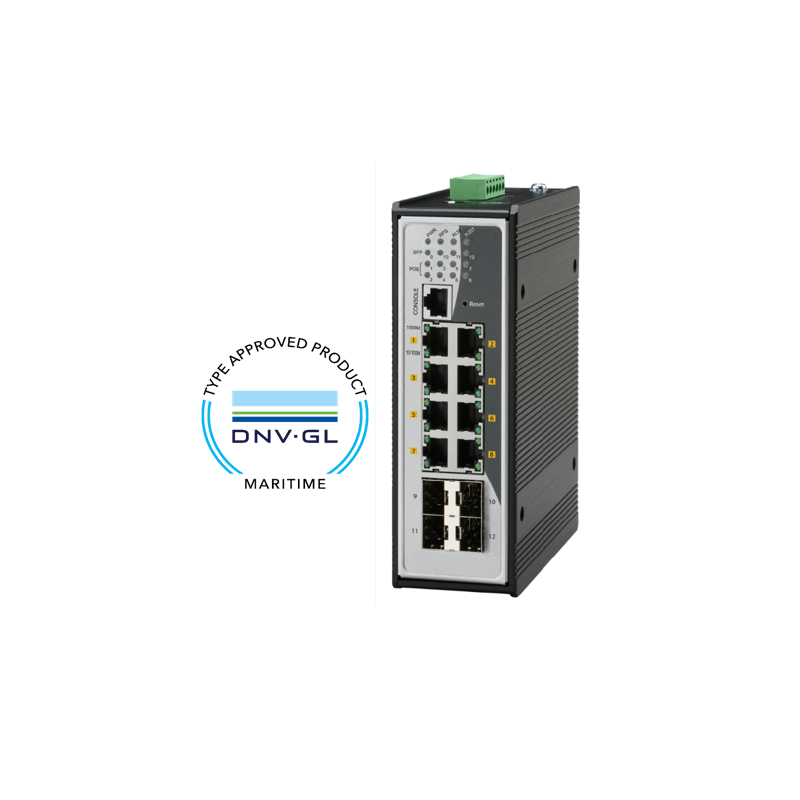 8-port Det Norske Veritas marin godkända haneeeeaged växel 8 x 10/100/1000Mbit. Fiber 4 x SFP 1000Mbit