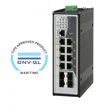 8-port Det Norske Veritas marin godkända haneeeeaged växel 8 x 10/100/1000Mbit. Fiber 4 x SFP 1000Mbit