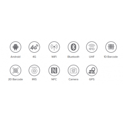UHF RFID, NFC, Mifare, 1D/2D streckkodsläsare. Streckkodsläsare. Wifi, Bluetooth, 4G LTE, GPS