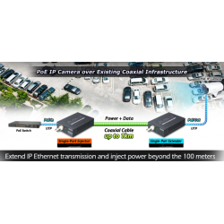 Ethernet förlängare över koaxialkabel, 1 km med PoE. Data och PoE via koaxialkabel (25W)