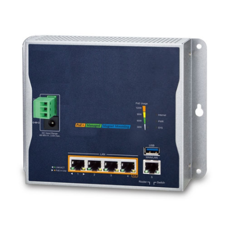 4 Port Industrial Router med PoE +, haneeeeagement, 10/100 / 1000Mbit 4 x RJ45 LAN, 1 x RJ45 WAN / LAN
