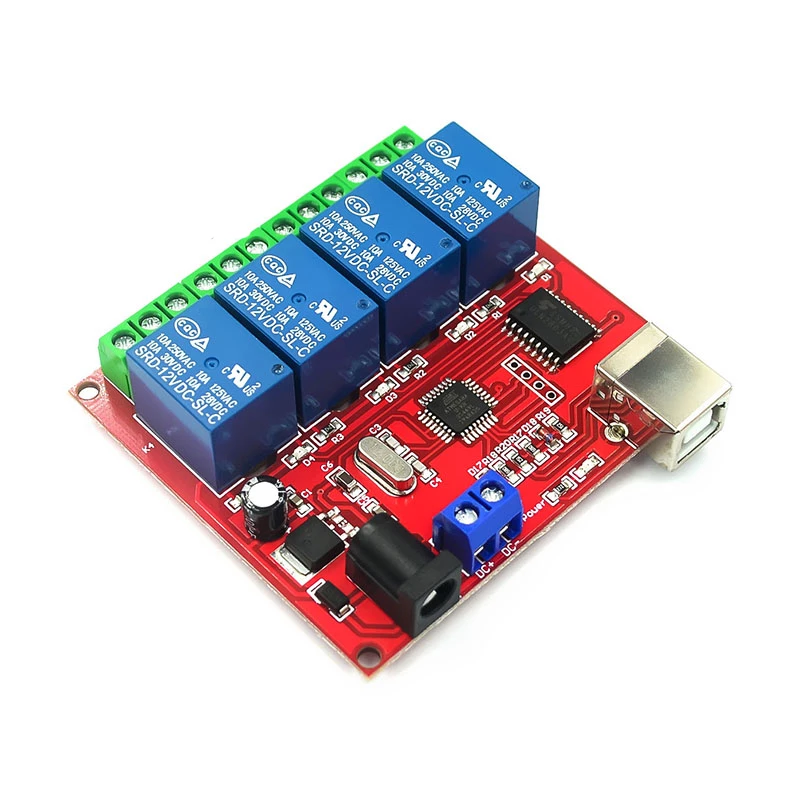 Relämodul för USB 10A 250VAC med 4 reläutgångar
