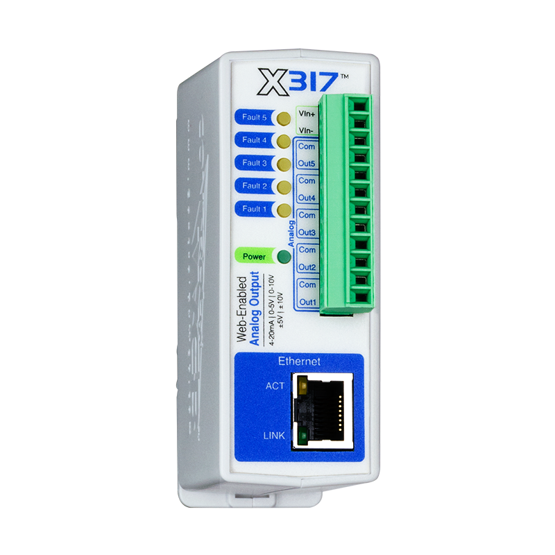 Web D/A utgångsmodul över LAN och Internet med 5 X Analog +/-10V, 4 - 20mA, 16bit Individuell skalning