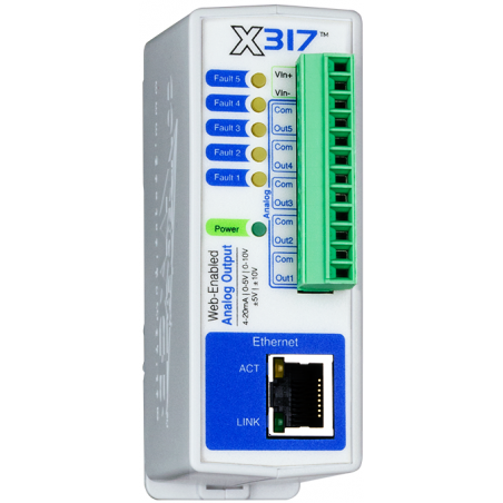 Web D/A utgångsmodul över LAN och Internet med 5 X Analog +/-10V, 4 - 20mA, 16bit Individuell skalning