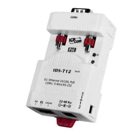 Planet TDS-712 är en extern RS232-port via Internet och Ethernet. För PoE eller extern strömförsörjning
