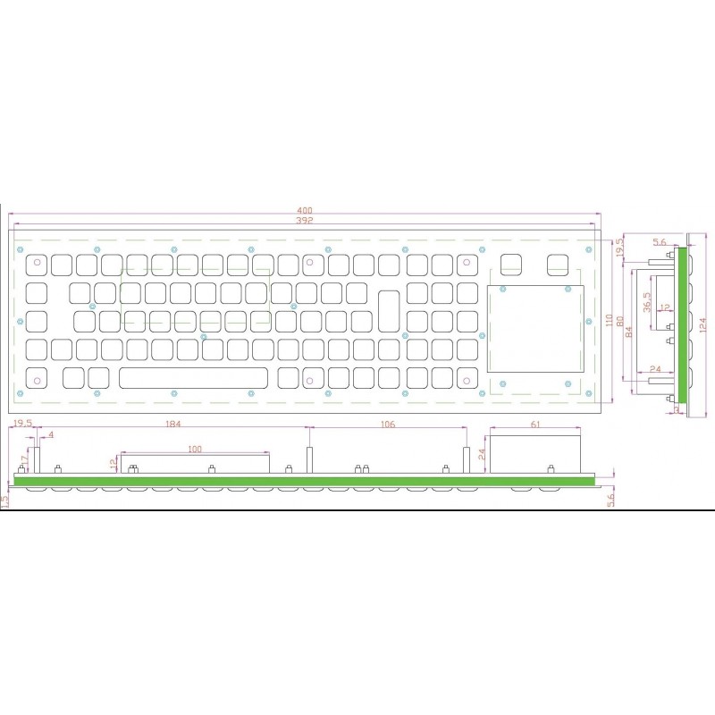 Metalltangentbord Industriell för installation med pekplatta USB IP65 Stäng rostfritt stål