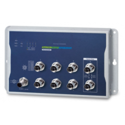 8-portars Industrial Managed Gigabit-switch IEEE 1588 och synkron M12-kontakt. Med automatisk bypass