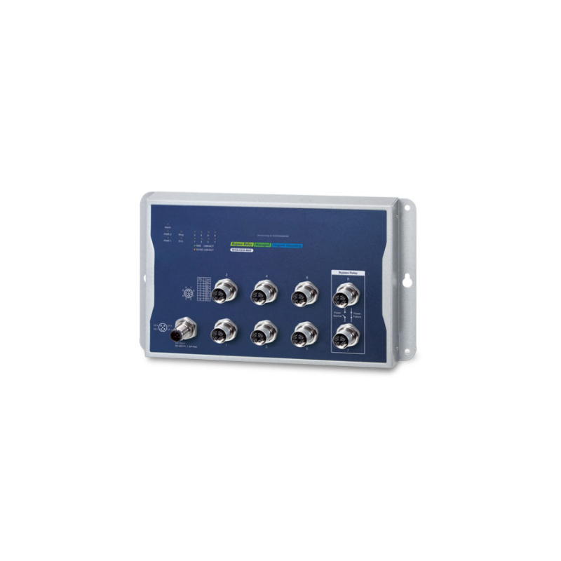 8-portars Industrial Managed Gigabit-switch IEEE 1588 och synkron M12-kontakt. Med automatisk bypass