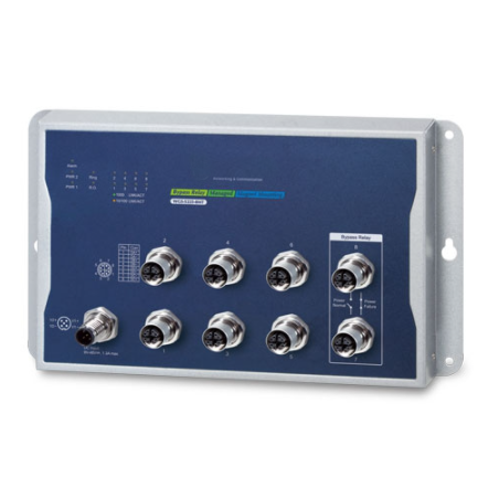 8-portars Industrial Managed Gigabit-switch IEEE 1588 och synkron M12-kontakt. Med automatisk bypass