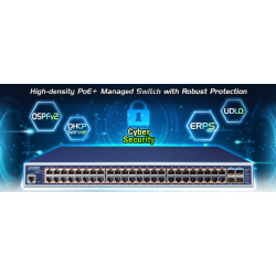 48 port Gigabit PoE+ haneeeeaged switch med 4 x SFP + slot för fibermoduler