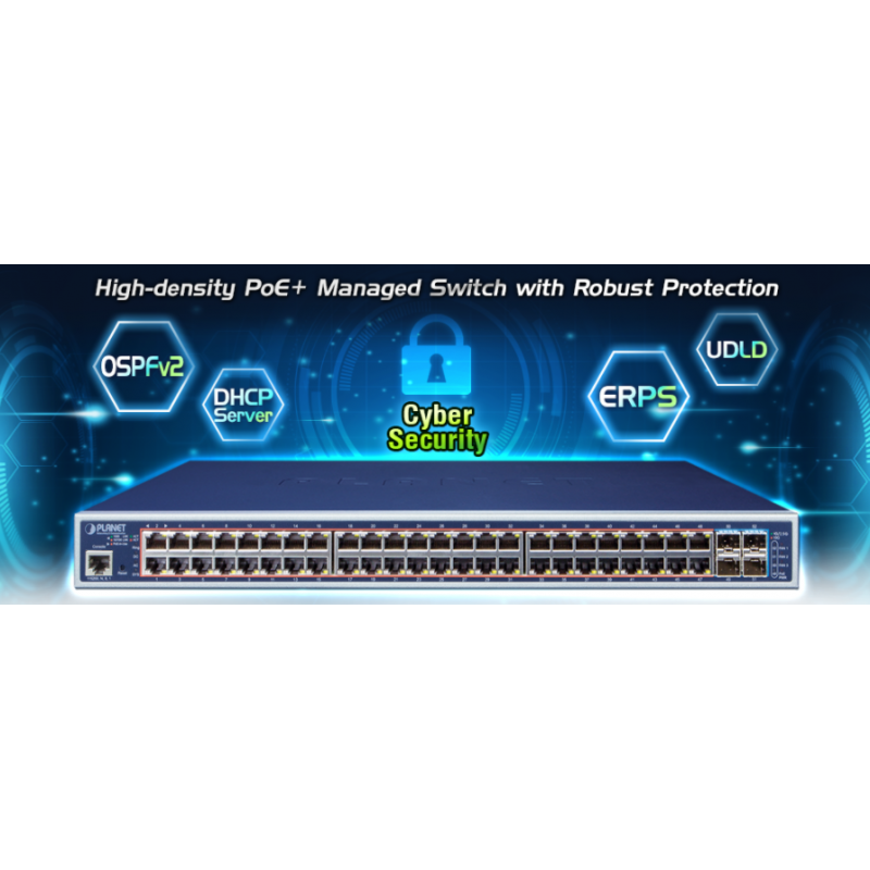 48 port Gigabit PoE+ haneeeeaged switch med 4 x SFP + slot för fibermoduler