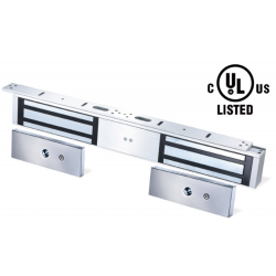 Dubbel elektronisk dörrmagnet för 12 / 24VDC med omkoppling. Inomhus. Hållkraft på 2 x 545 kg