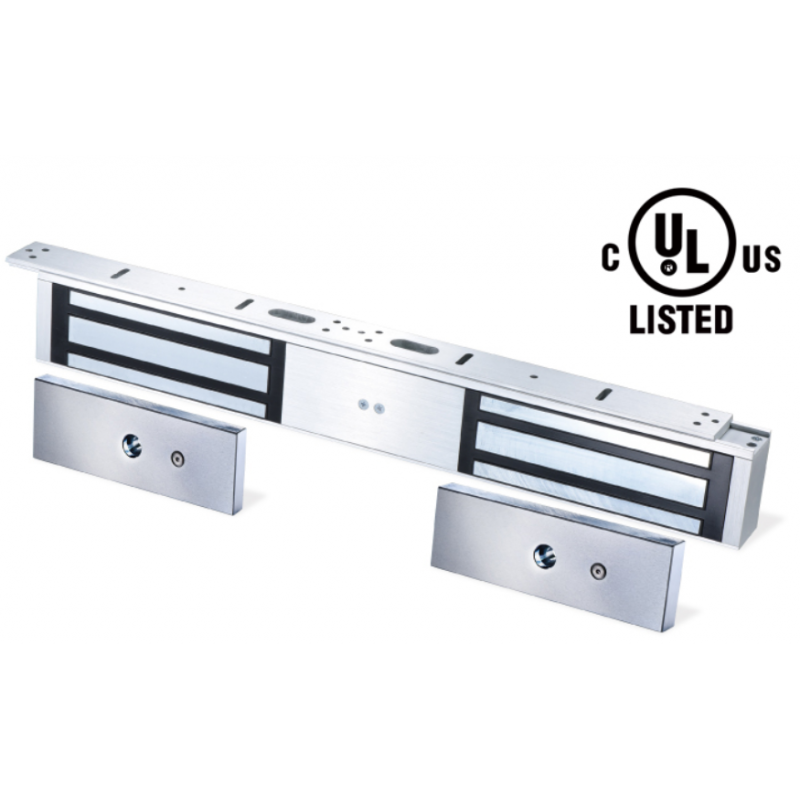 Dubbel elektronisk dörrmagnet för 12 / 24VDC med omkoppling. Inomhus. Hållkraft på 2 x 545 kg