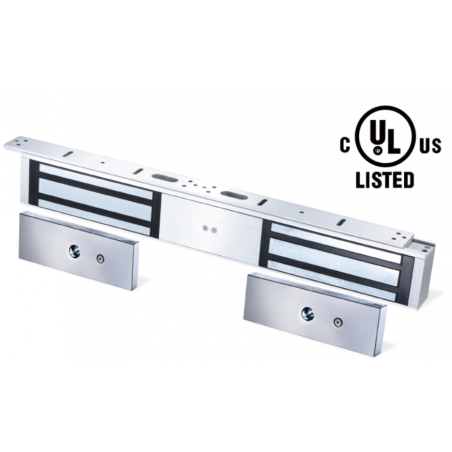 Dubbel elektronisk dörrmagnet för 12 / 24VDC med omkoppling. Inomhus. Hållkraft på 2 x 545 kg